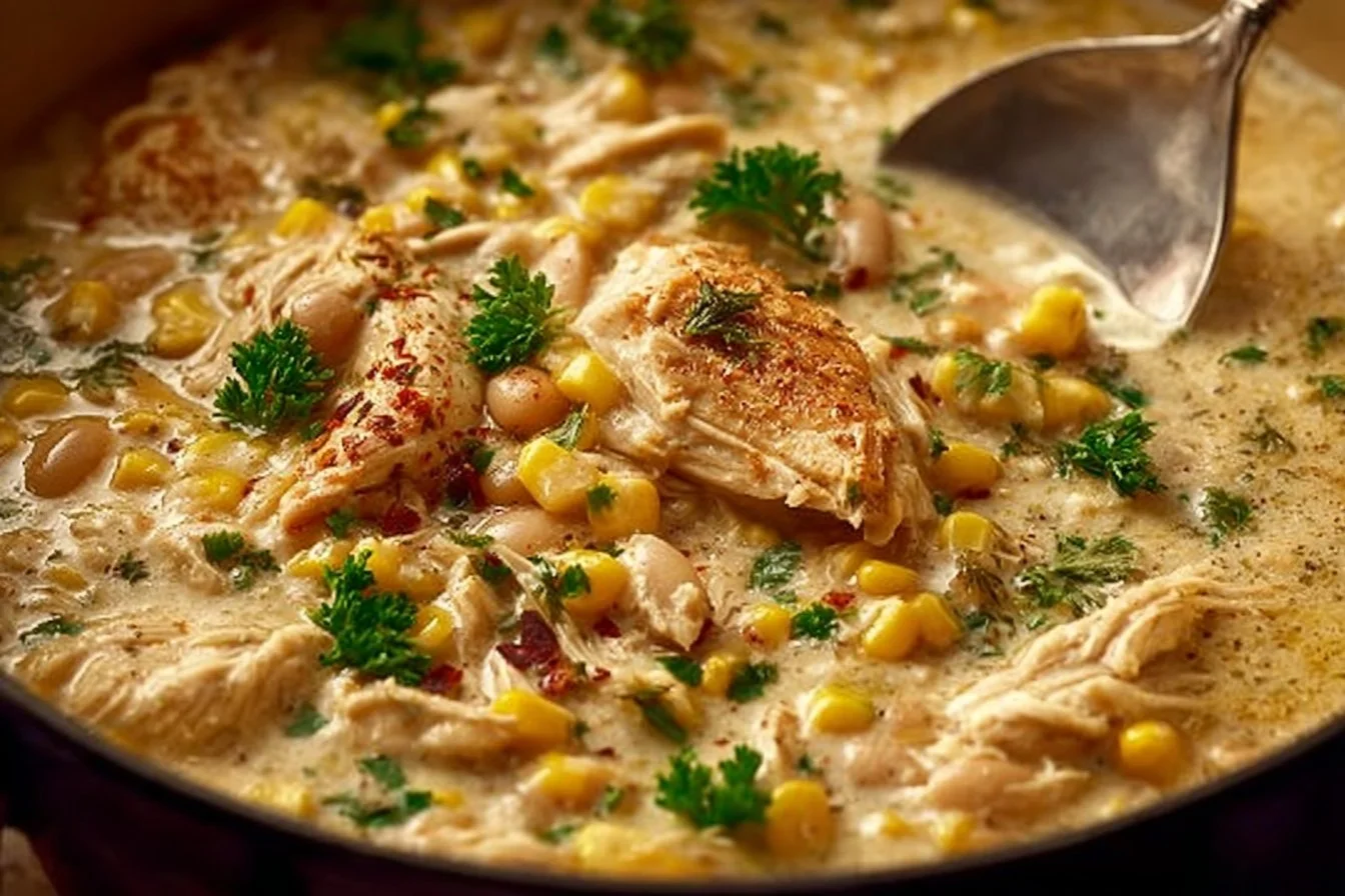 A bowl of delicious white chicken chili topped with cilantro and lime.