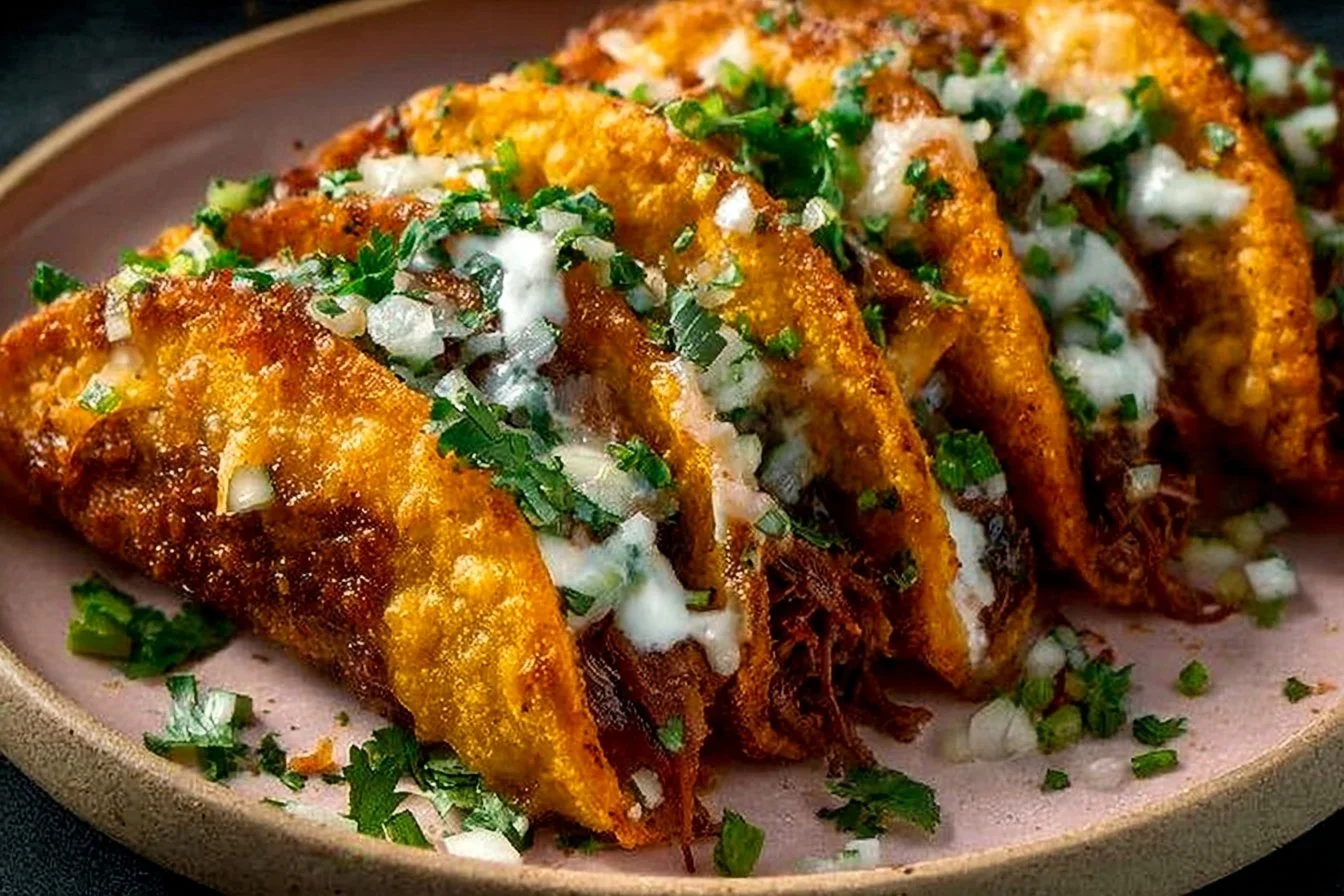 Delicious Birria Tacos served with consomé and fresh toppings.