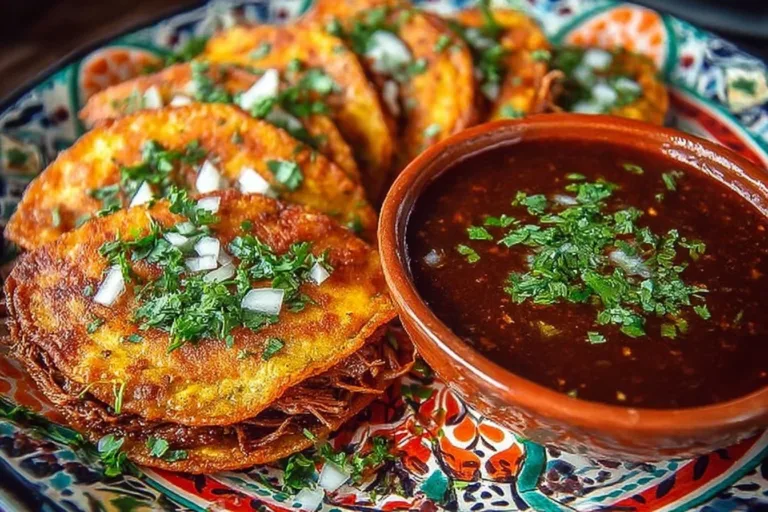 Delicious Birria Tacos served with broth and fresh toppings.