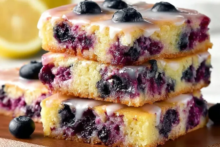 Freshly baked blueberry lemon blondies with a golden hue and vibrant blueberries