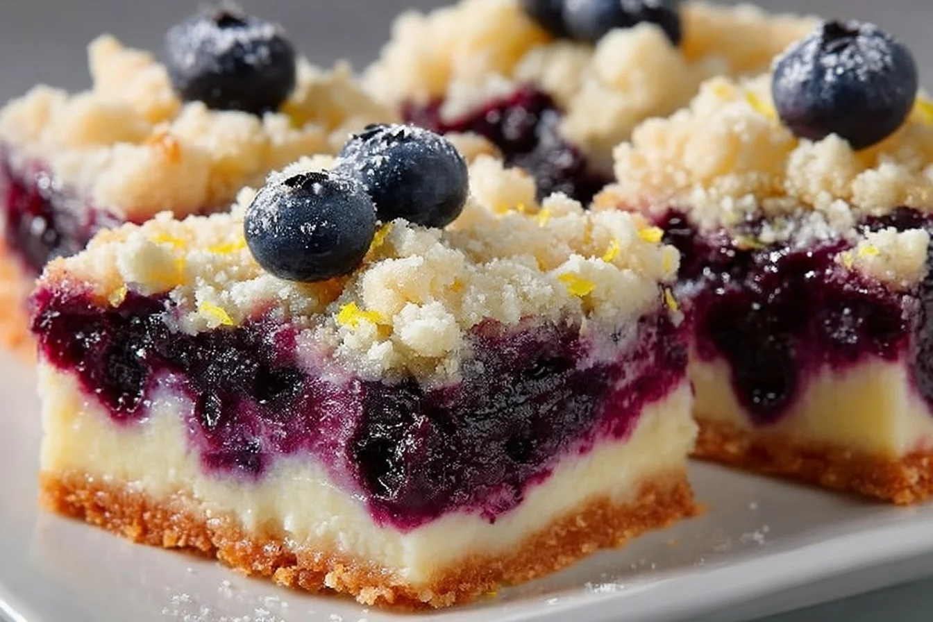 Blueberry lemon pie bars with fresh blueberries on top