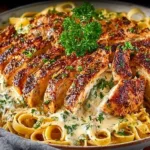 Delicious plate of Cajun Chicken Alfredo with creamy sauce and spices.