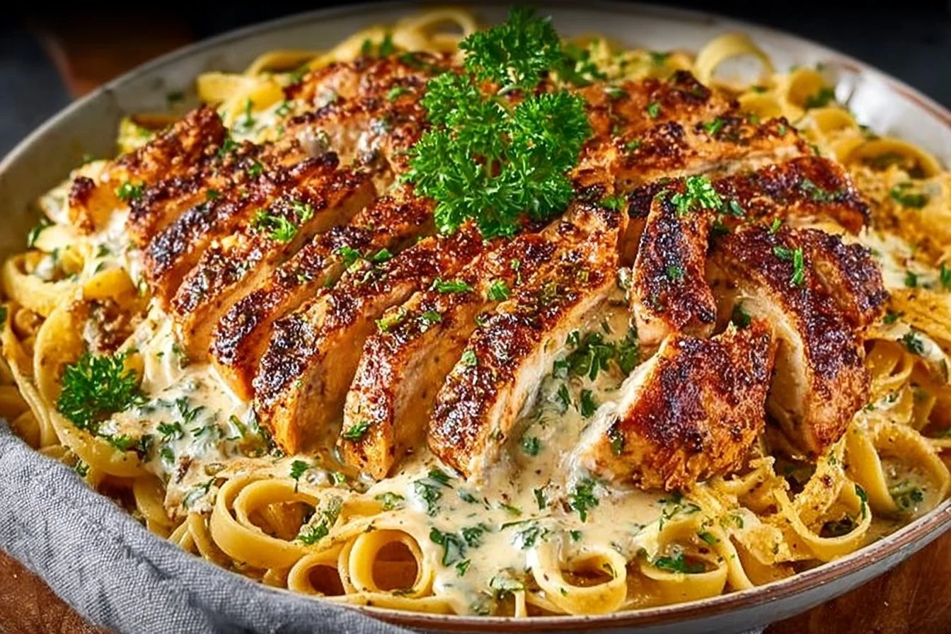 Delicious plate of Cajun Chicken Alfredo with creamy sauce and spices.