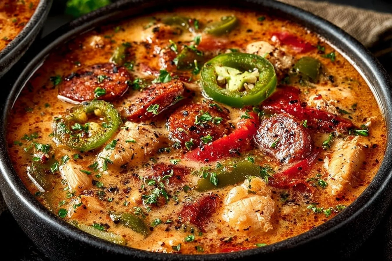 Bowl of Cajun White Chicken Chili garnished with herbs and spices