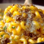 Cheeseburger casserole served in a baking dish with melted cheese on top.