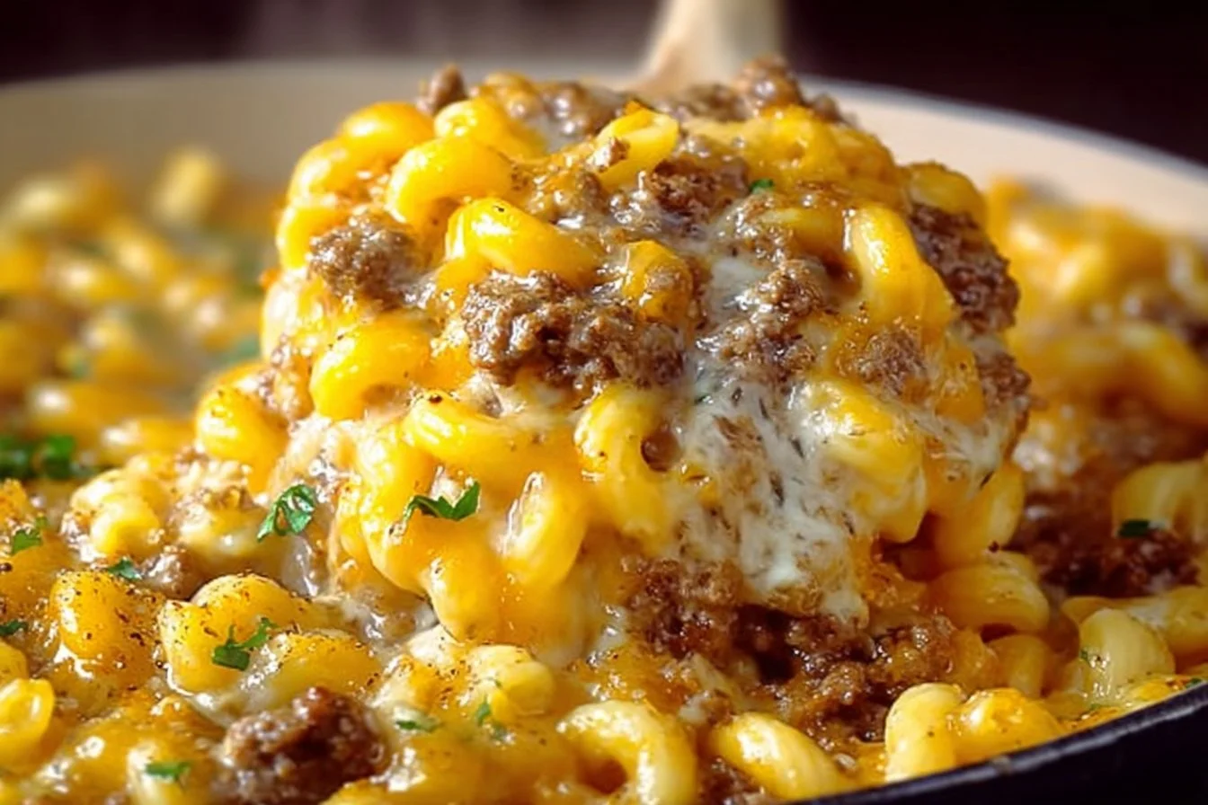Cheeseburger casserole served in a baking dish with melted cheese on top.