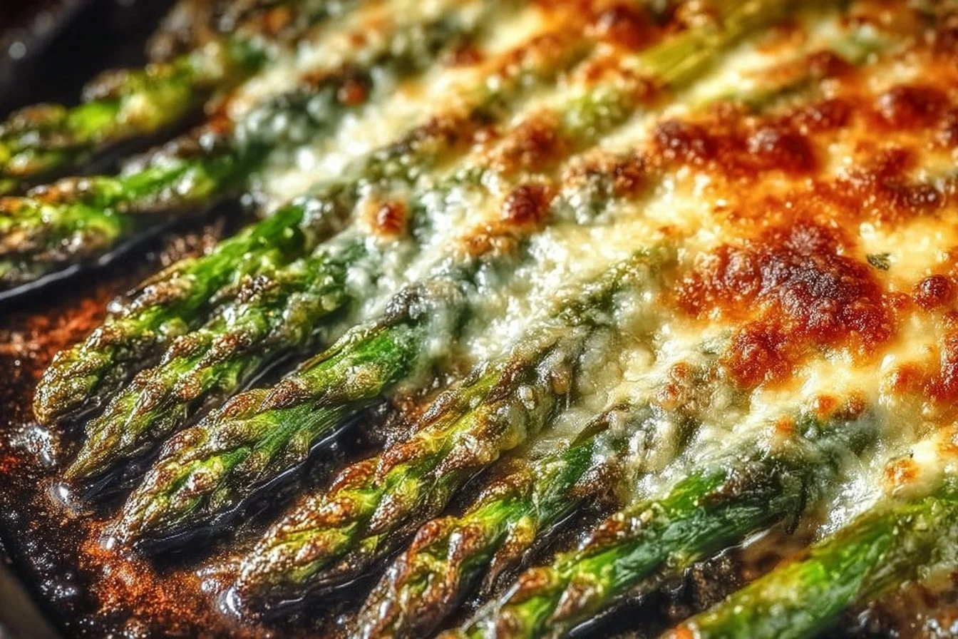 Cheesy garlic roasted asparagus served with a sprinkle of cheese and herbs