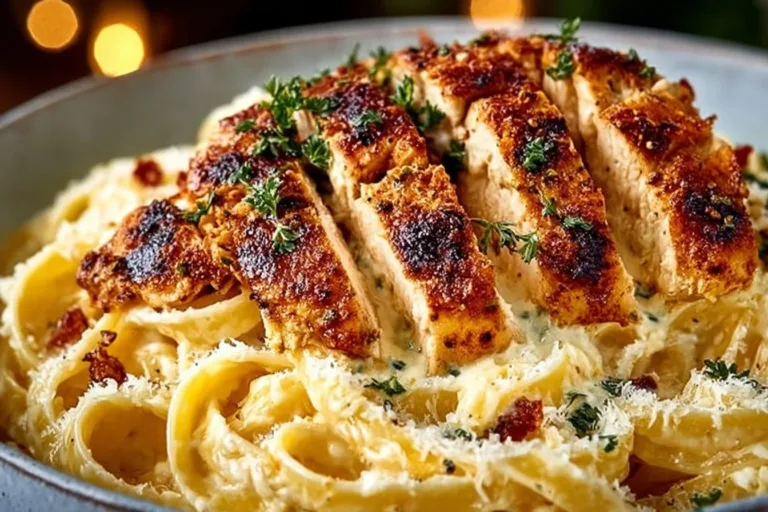 Delicious Chicken Alfredo pasta with creamy sauce and grilled chicken.
