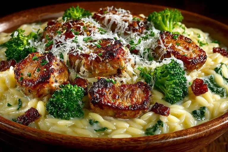 Plate of Chicken Sausage and Broccoli Orzo with colorful vegetables