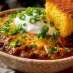A bowl of homemade chili topped with cheese and fresh herbs