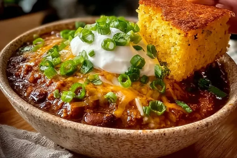 A bowl of homemade chili topped with cheese and fresh herbs