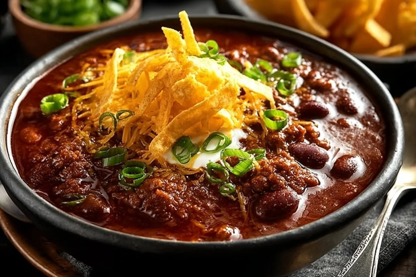 Bowl of classic beef chili topped with cheese and cilantro