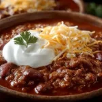 Bowl of classic homemade chili with toppings like cheese and herbs