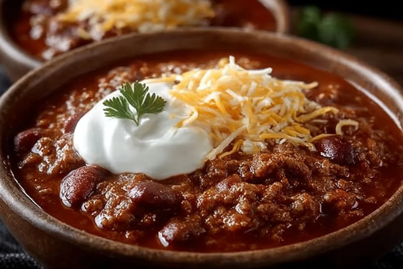 Bowl of classic homemade chili with toppings like cheese and herbs