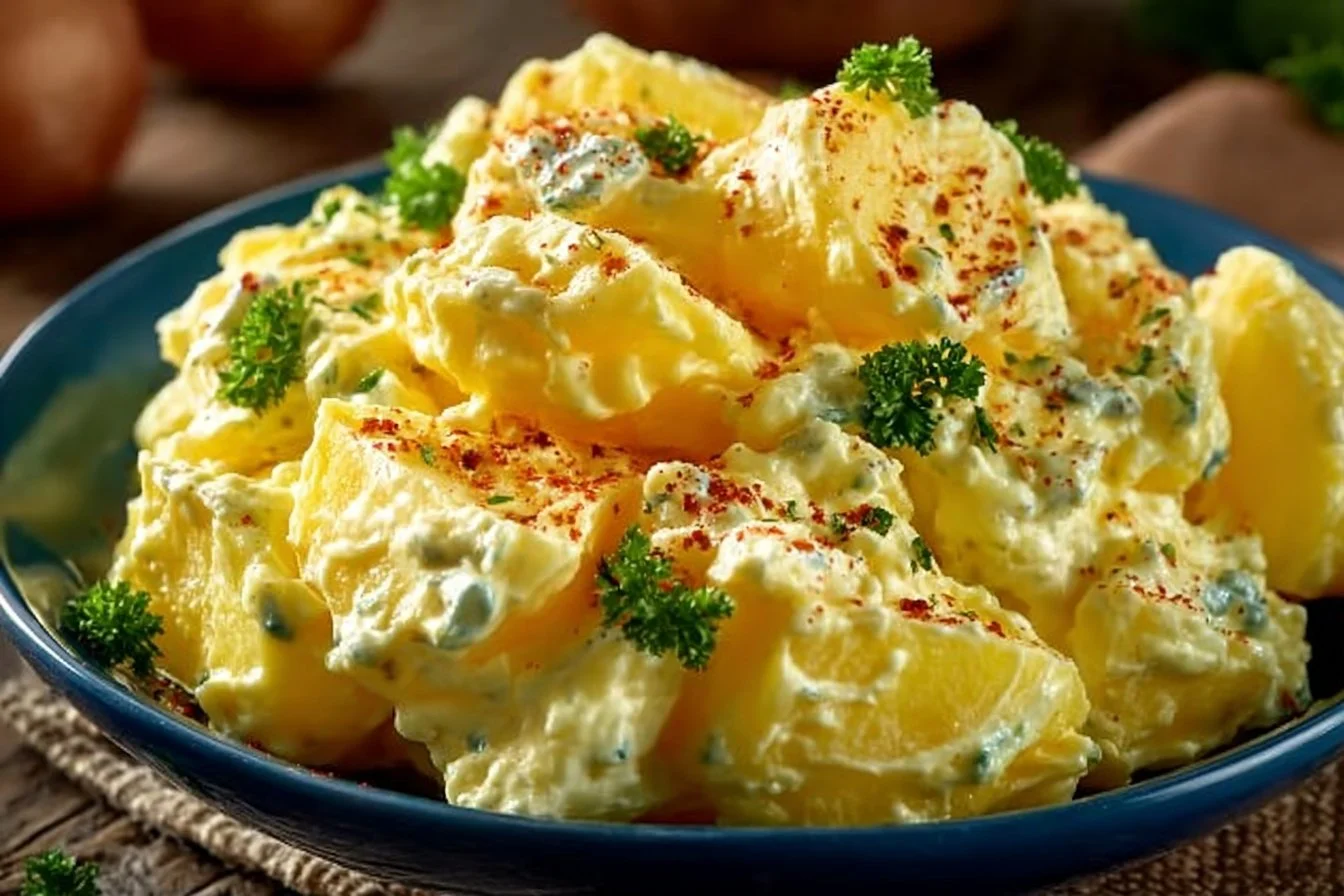 Bowl of classic potato salad garnished with parsley, perfect side dish for summer
