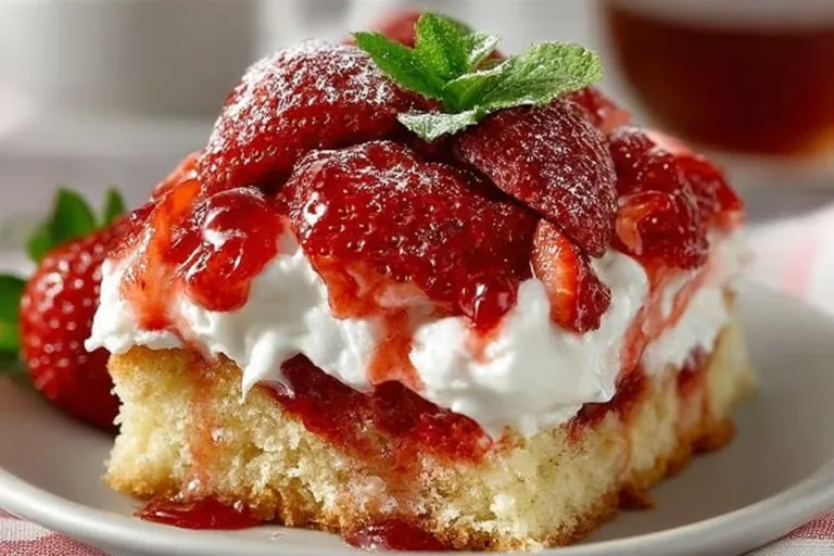 Delicious classic strawberry shortcake topped with fresh strawberries and whipped cream