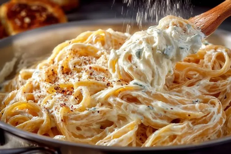 Bowl of creamy Cottage Cheese Alfredo pasta topped with parsley.