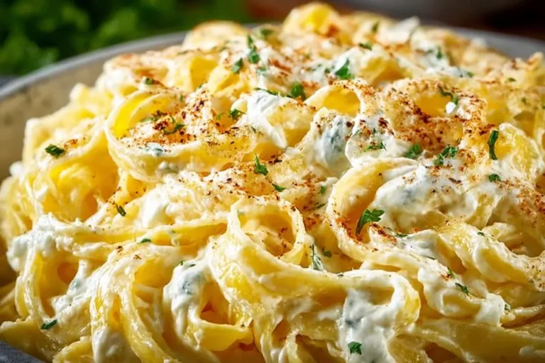 Bowl of creamy Cottage Cheese Alfredo Sauce served with pasta.