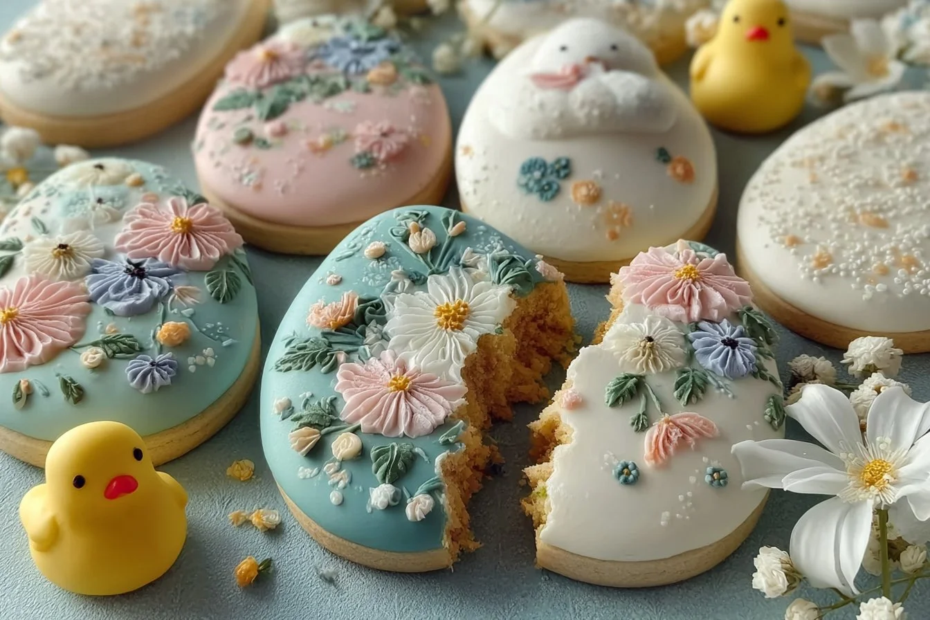 Colorful assortment of Easter cookies decorated with icing and sprinkles