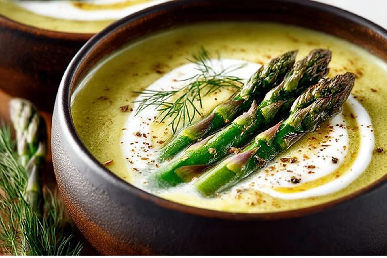 Creamy bowl of asparagus soup garnished with fresh herbs