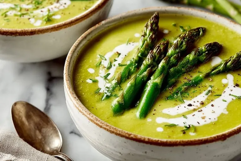 Bowl of creamy asparagus soup garnished with herbs and a drizzle of olive oil