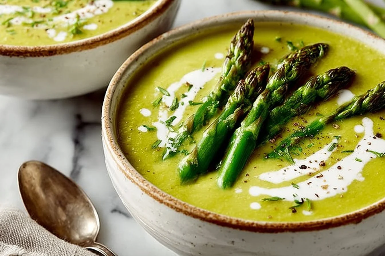 Bowl of creamy asparagus soup garnished with herbs and a drizzle of olive oil