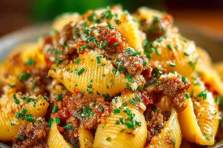 Delicious creamy beef and shells served in a bowl, ideal for dinner.
