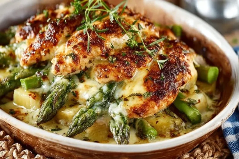 Creamy chicken bake dish ready to serve, garnished with herbs