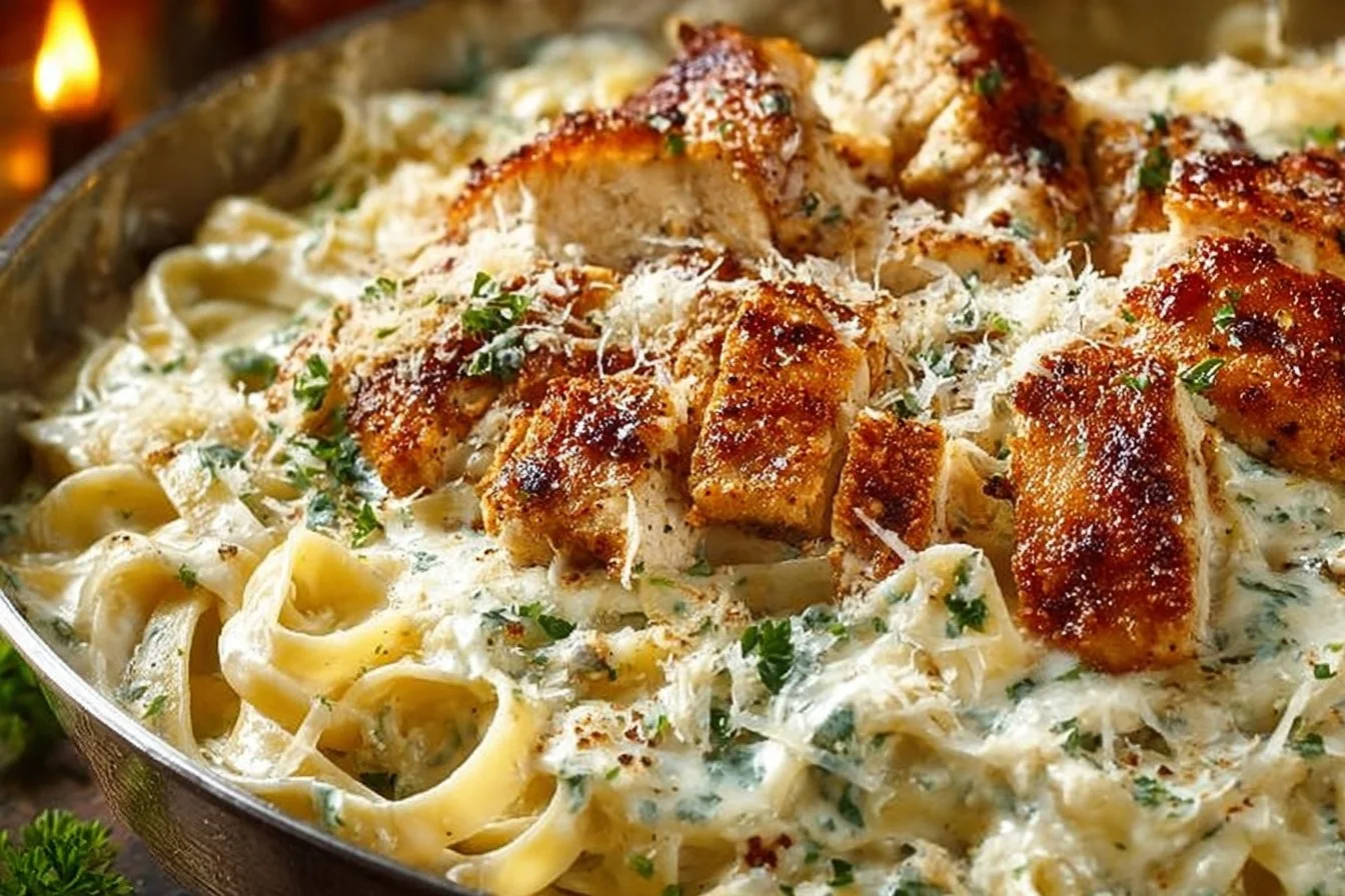 Creamy Chicken Fettuccine Alfredo served in a bowl with fresh parsley