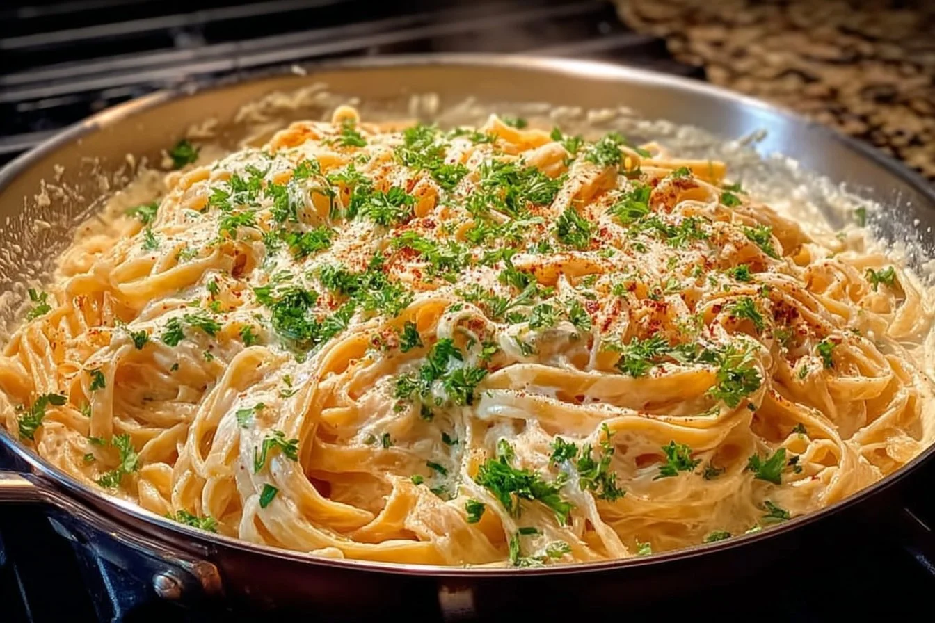 Creamy fettuccine Alfredo with Parmesan cheese and fresh parsley