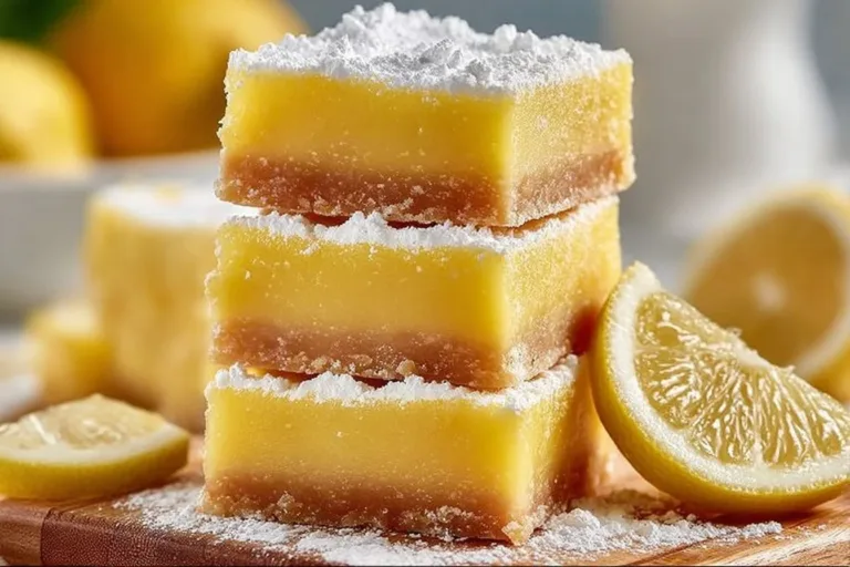 Delicious creamy lemon squares served on a plate with a sprinkle of powdered sugar