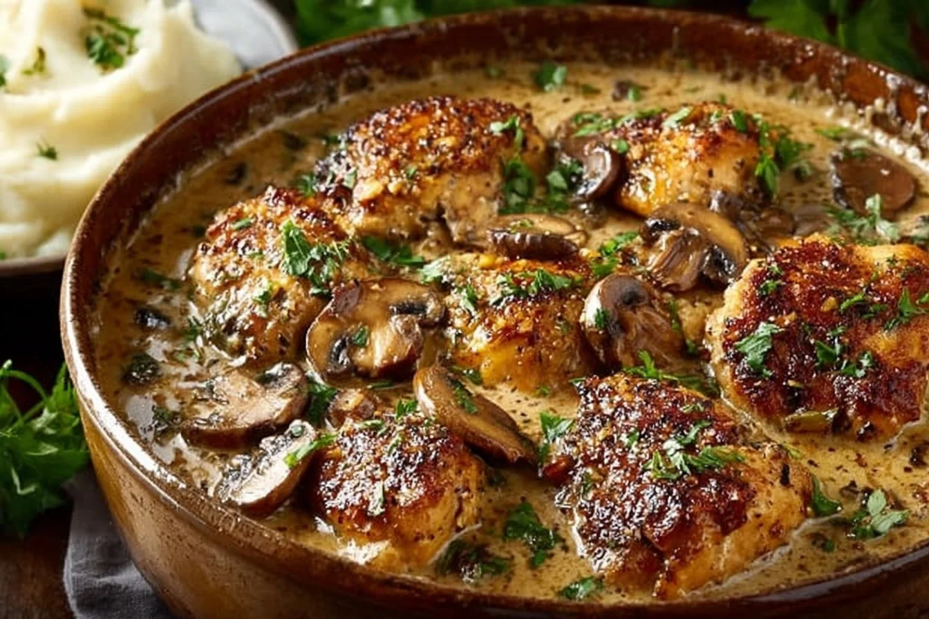 Creamy mushroom chicken dish served on a plate with parsley garnish