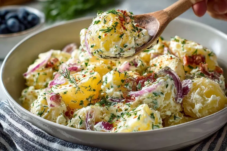 Creamy potato salad served in a bowl with fresh herbs garnish
