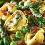 Creamy Spring Tortellini with Peas, Asparagus, and Bacon dish