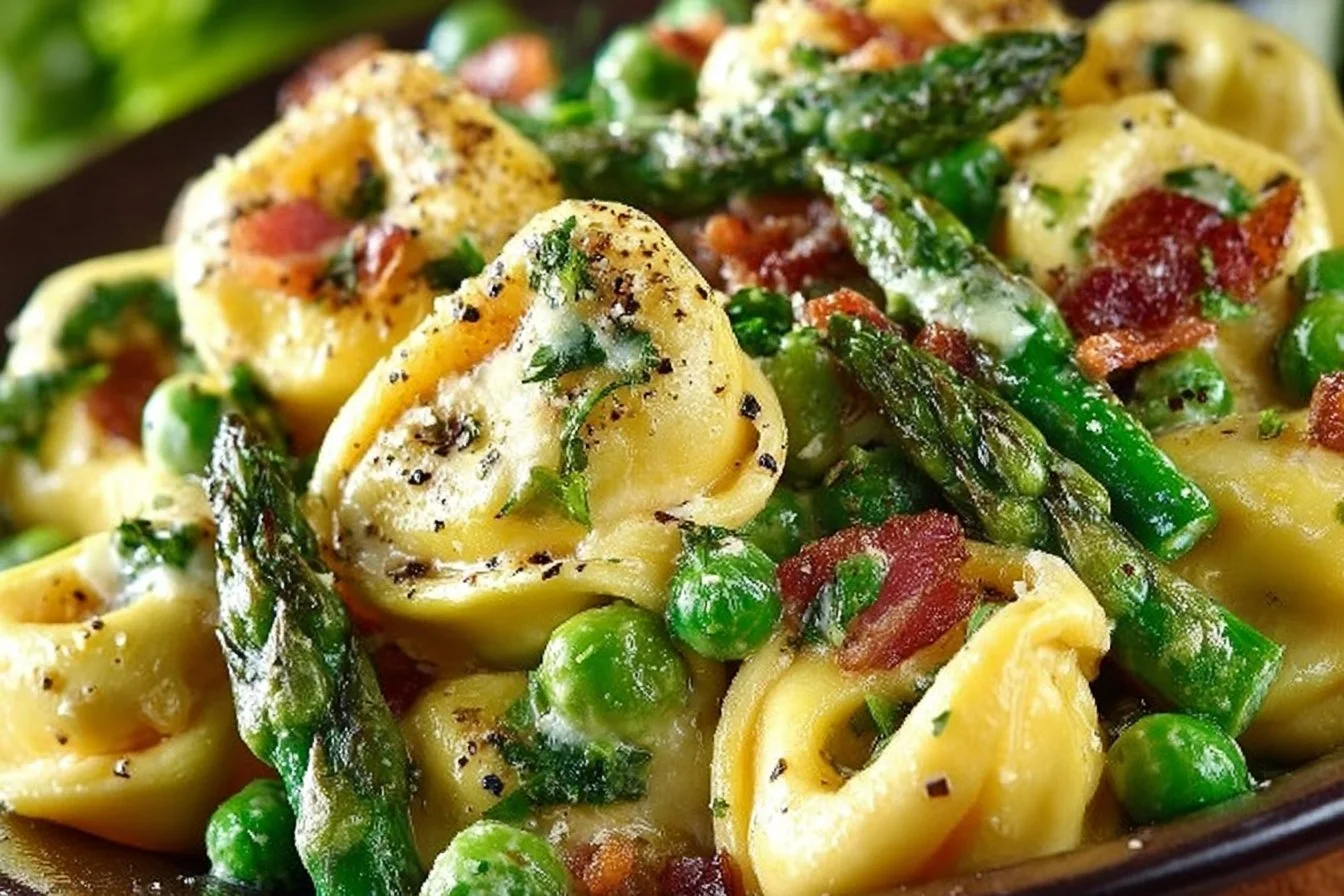 Creamy Spring Tortellini with Peas, Asparagus, and Bacon dish