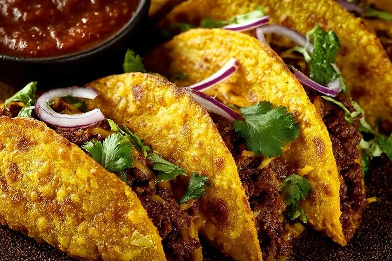 Delicious crispy ground beef tacos served with fresh toppings.