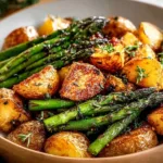 Crispy oven roasted potatoes and asparagus perfectly plated for a healthy dish.