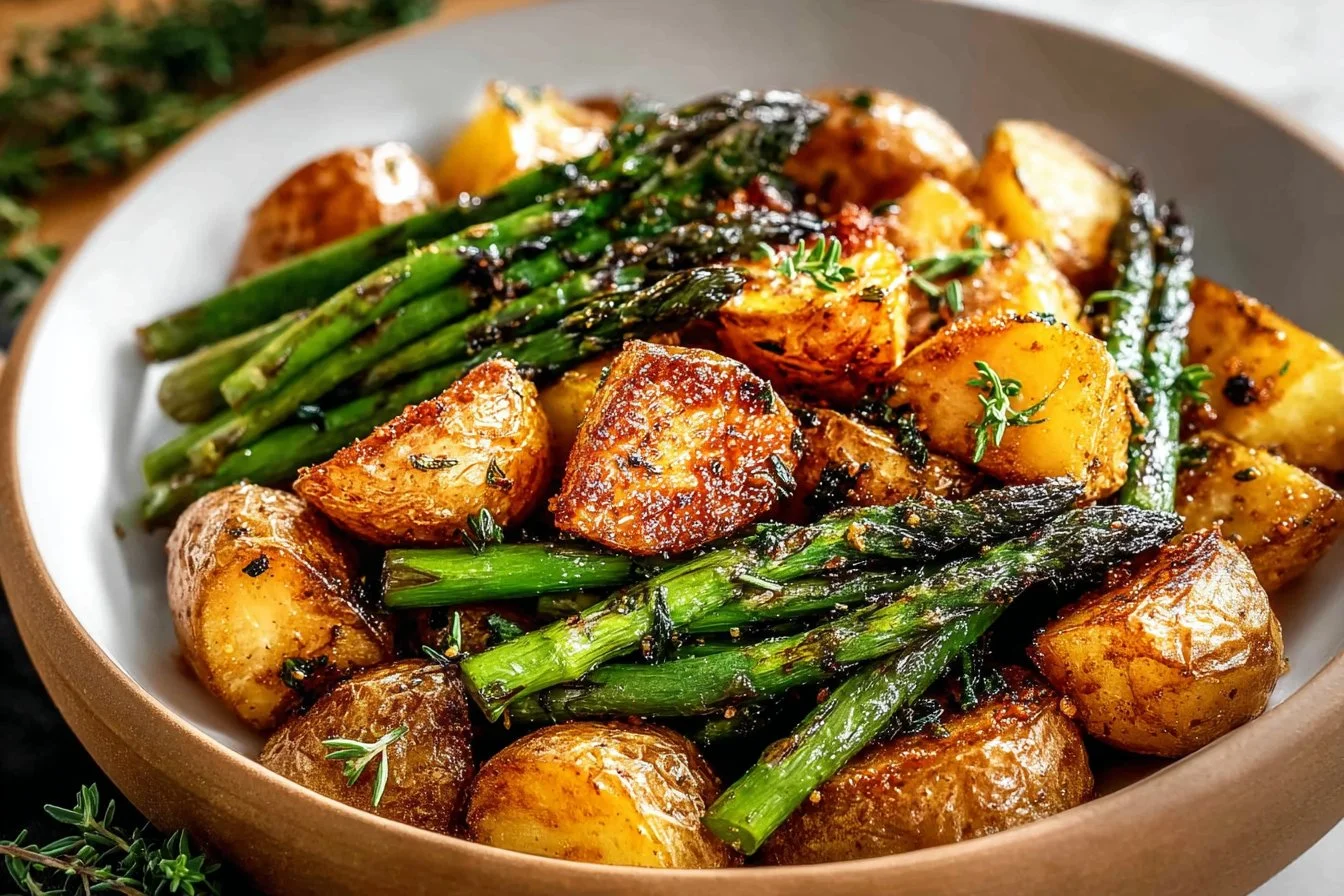 Crispy oven roasted potatoes and asparagus perfectly plated for a healthy dish.