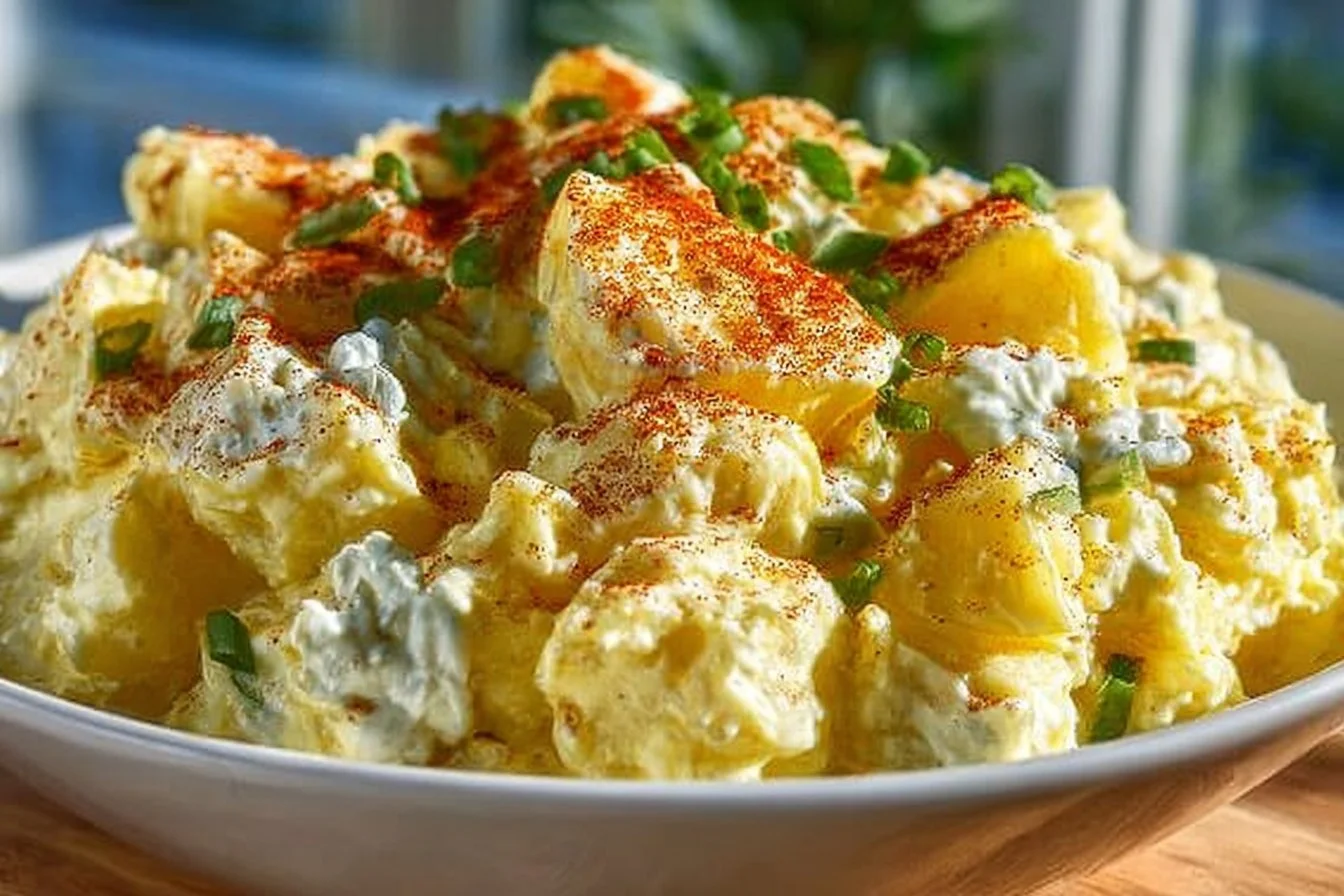 A bowl of creamy dill pickle potato salad with fresh herbs and a sprinkle of dill.