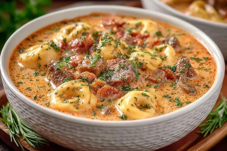 A bowl of Dutch Oven Tortellini Soup with fresh vegetables and herbs.