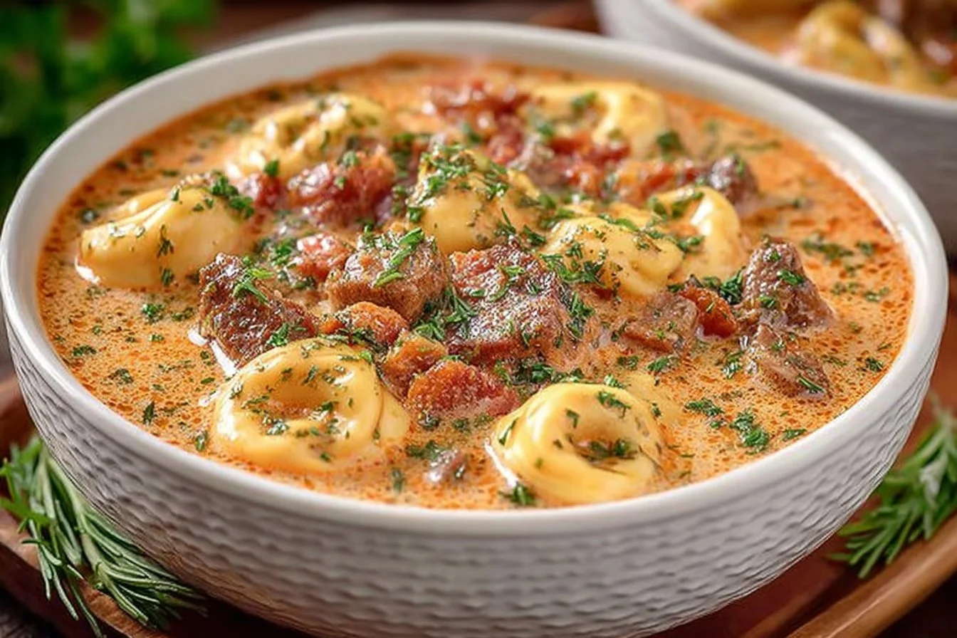 A bowl of Dutch Oven Tortellini Soup with fresh vegetables and herbs.