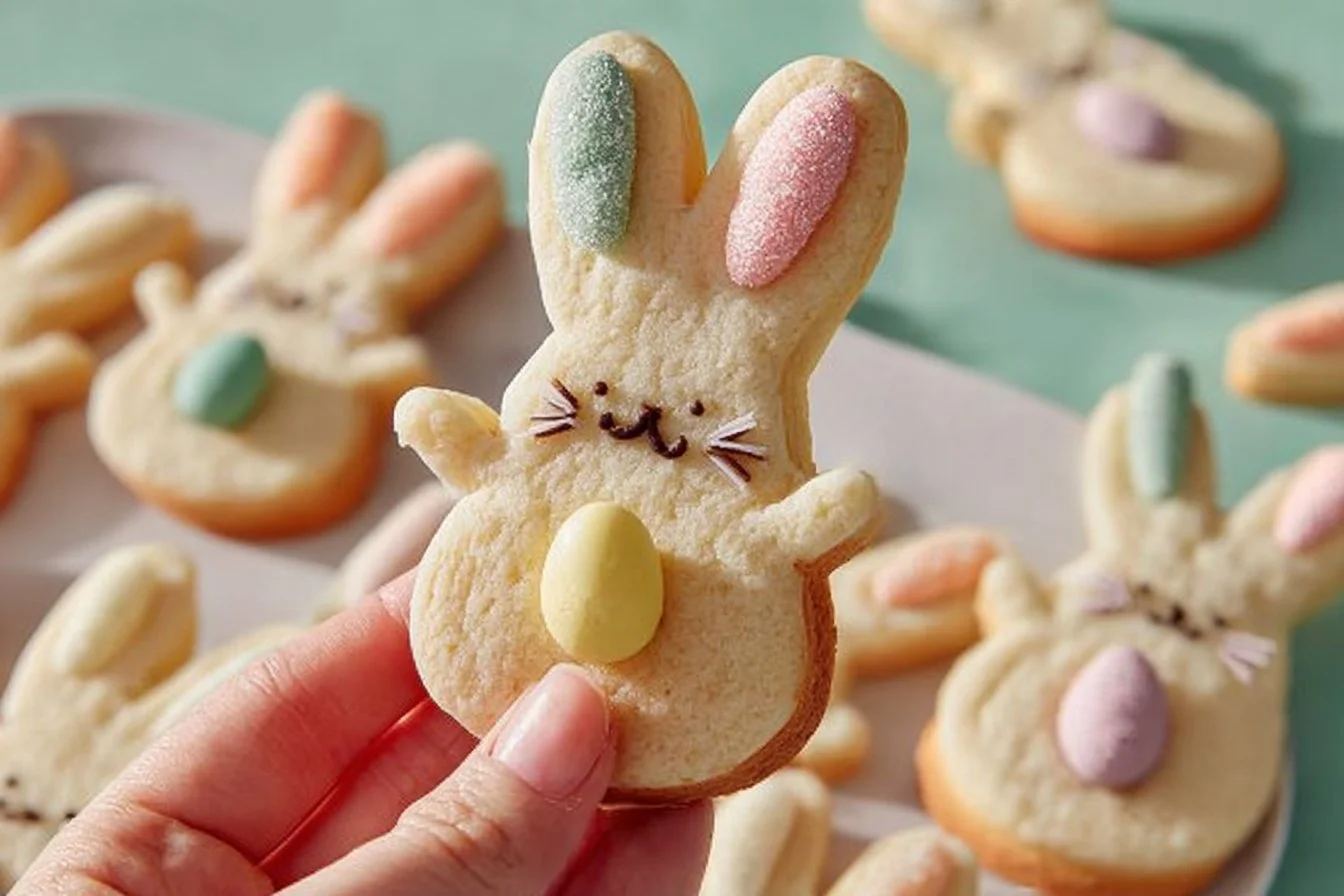Huge Easter Bunny cookies decorated for spring festivities.
