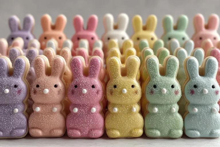 Colorful Easter sugar cookies in various shapes on a festive table.