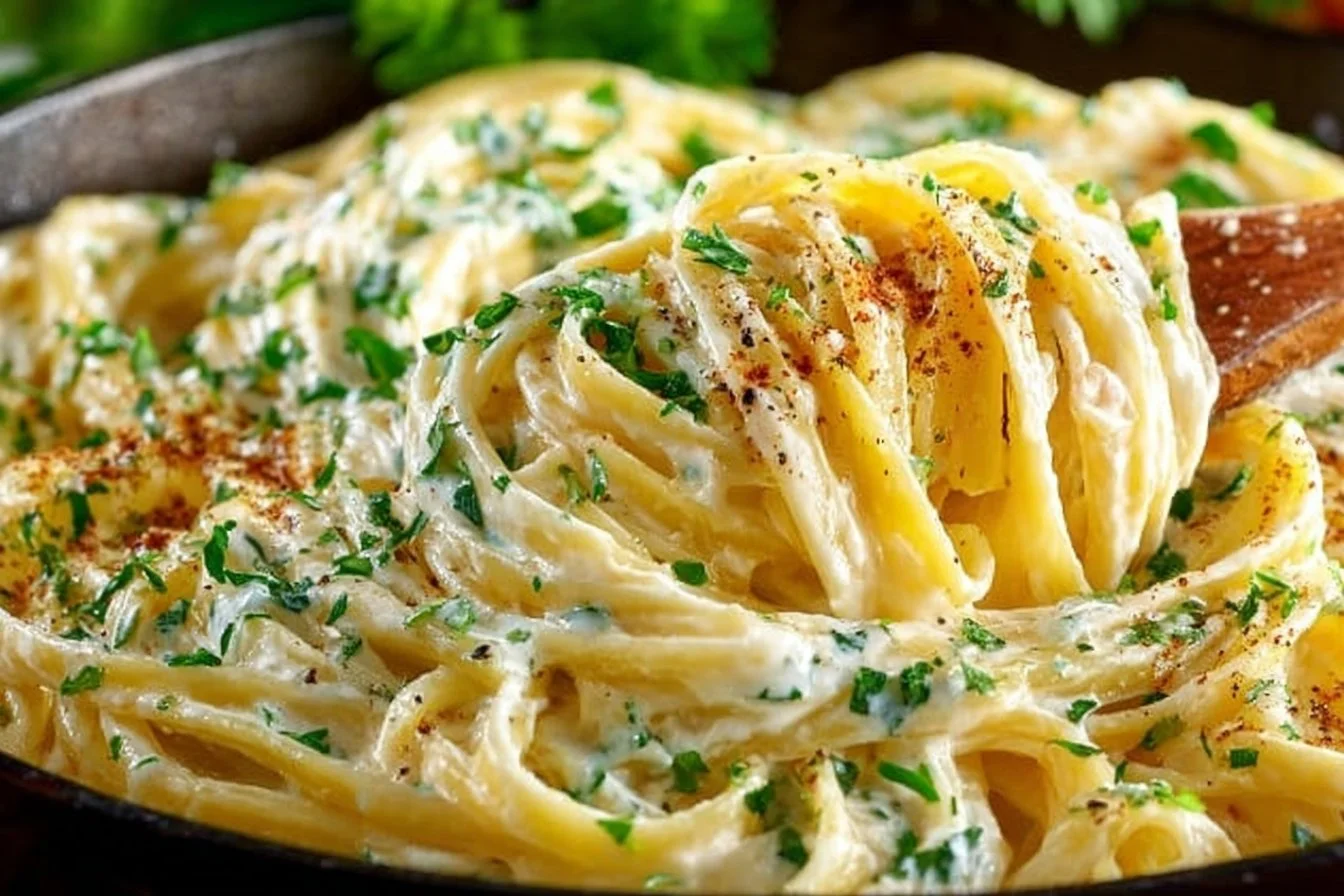 Delicious homemade easy Alfredo sauce served over pasta