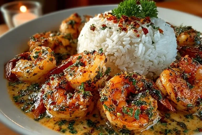Plate of easy creamy garlic shrimp garnished with parsley and lemon