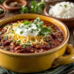 Bowl of easy Crockpot chili topped with fresh herbs and served with cornbread.