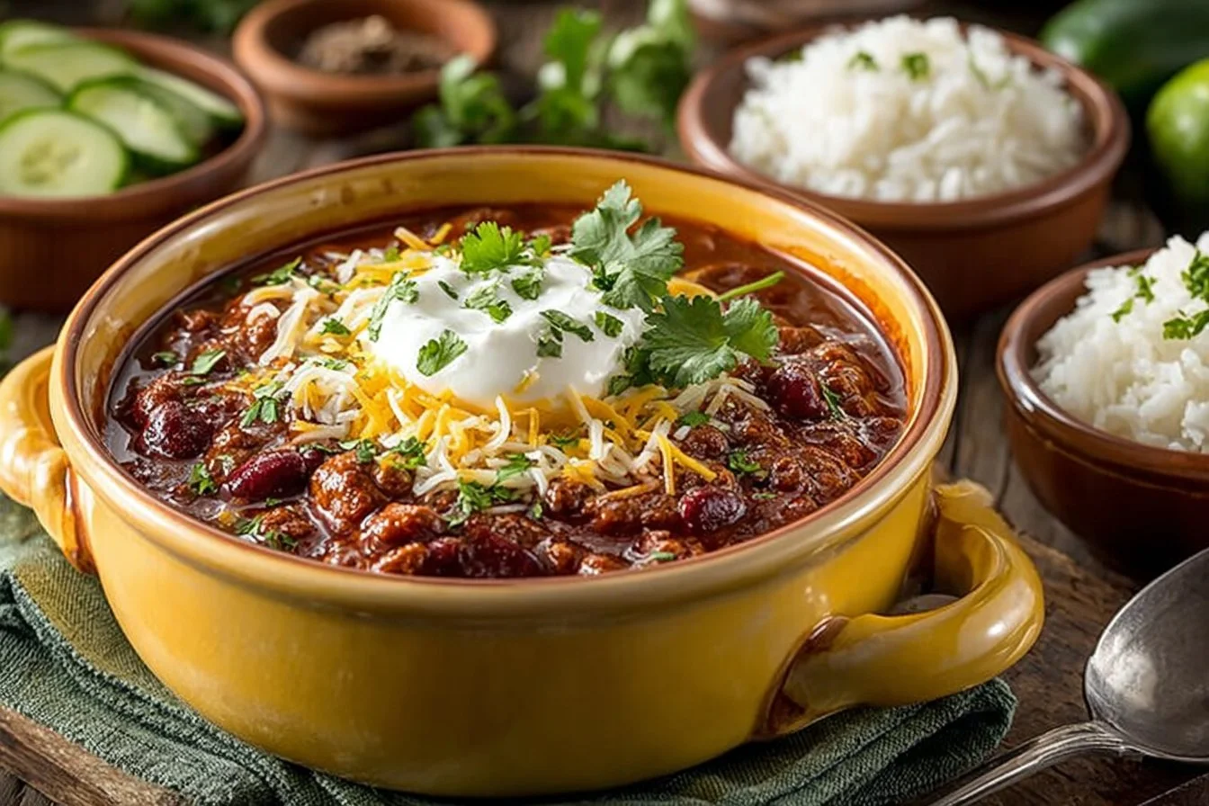 Bowl of easy Crockpot chili topped with fresh herbs and served with cornbread.