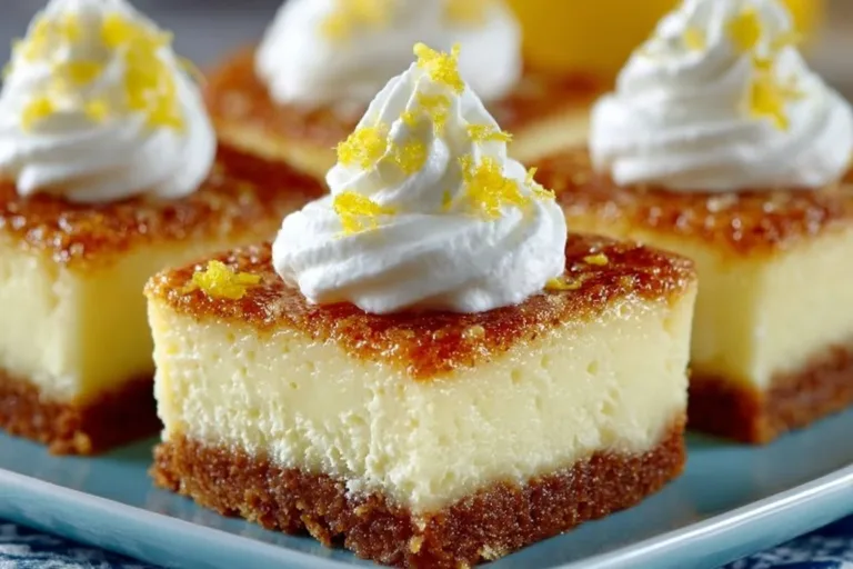 Delicious easy lemon cheesecake bars with a buttery crust and zesty lemon topping.