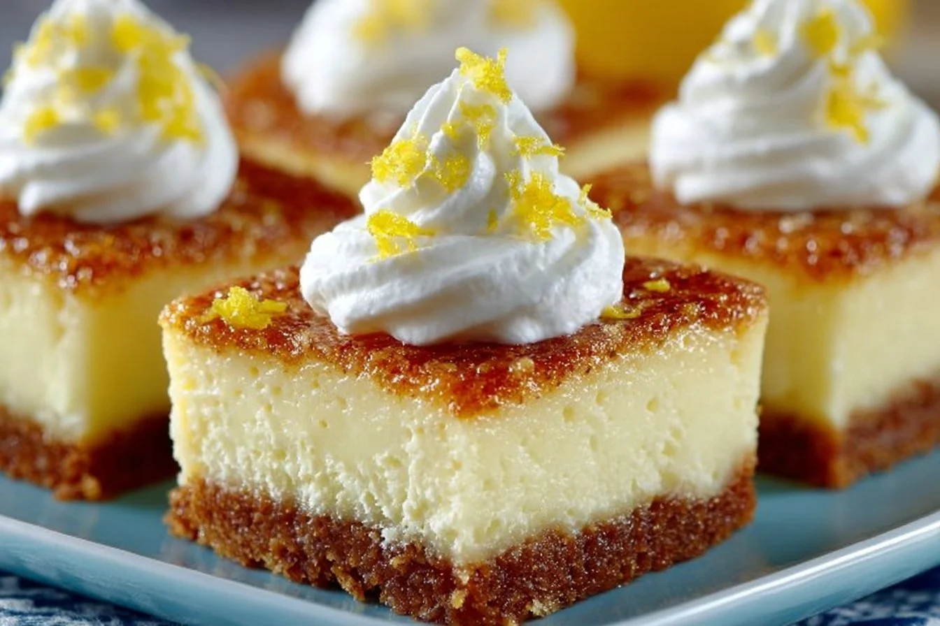 Delicious easy lemon cheesecake bars with a buttery crust and zesty lemon topping.
