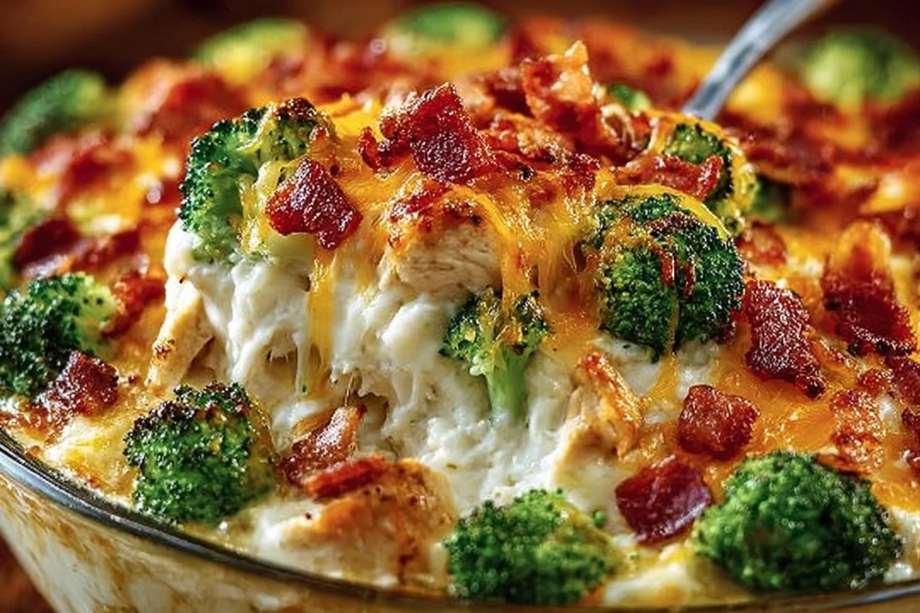 Easy low carb chicken casserole topped with cheese and vegetables